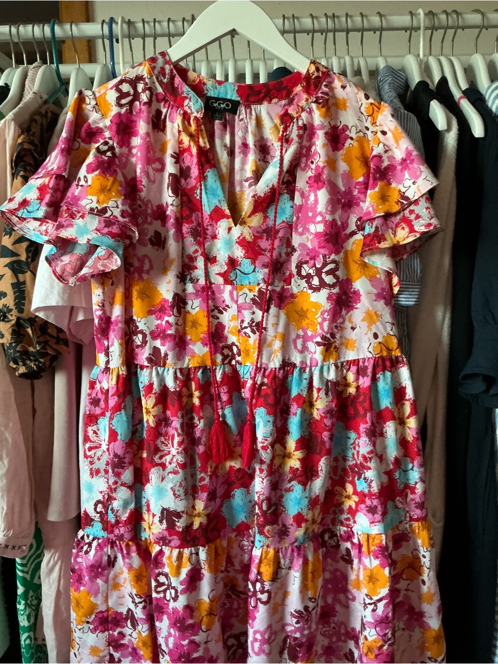 GGO Floral Tiered Casual Dress - Pink Multi Size large